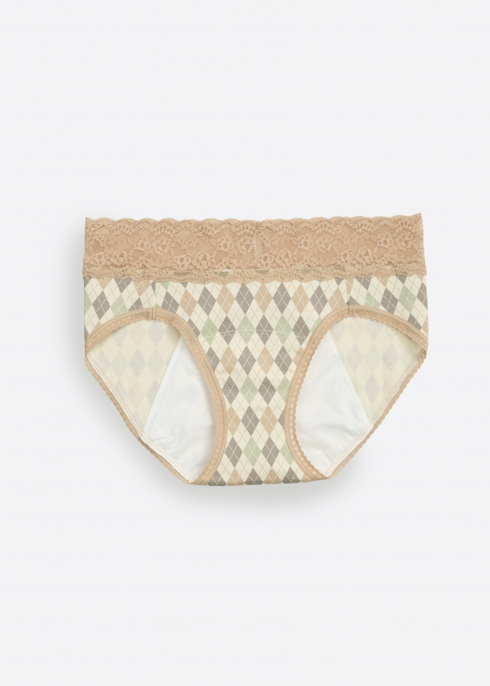 Taste of Happiness．Mid Rise Cotton Lace Waist Period Brief Panty（Argyle Check Pattern）