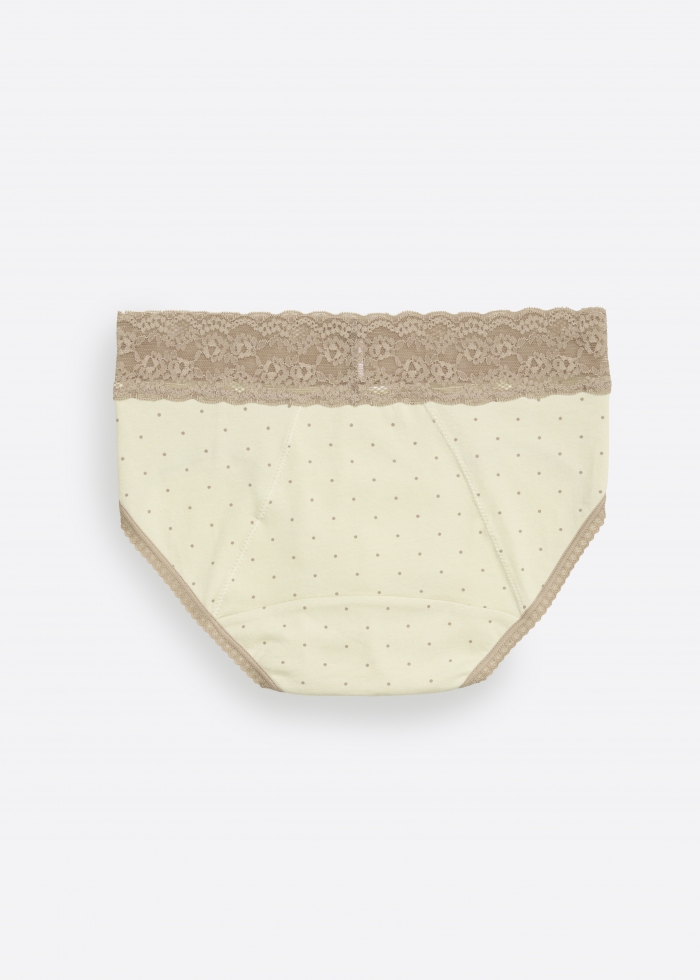 Taste of Happiness．Mid Rise Cotton Lace Waist Period Brief Panty(Tiramisu Dot Pattern)