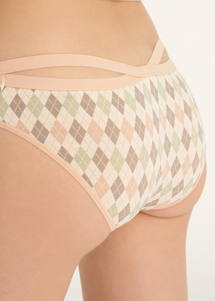Hygiene Series．Low Rise Cotton Crossed Back Brief Panty(Argyle Check Pattern)