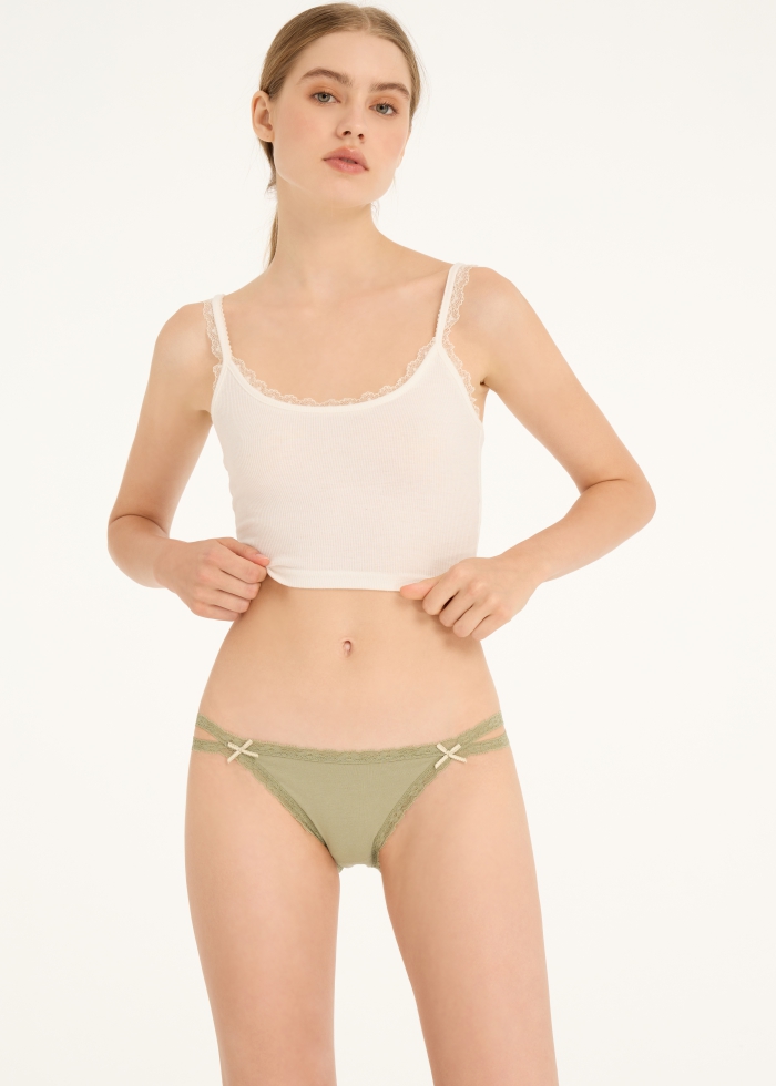 Hygiene Series．Low Rise Lacie Double Lace Strap Bikini Panty(Moss Gray-Dotted Ribbon)
