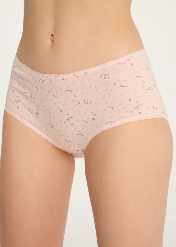 Celebration．High Rise Cotton Picot Elastic Brief Panty(Happy Birthday Embroidery)