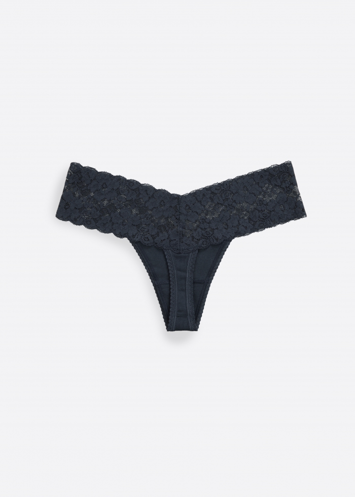 Party Time．Low Rise Cotton V Lace Waist Thong Panty(Gull)
