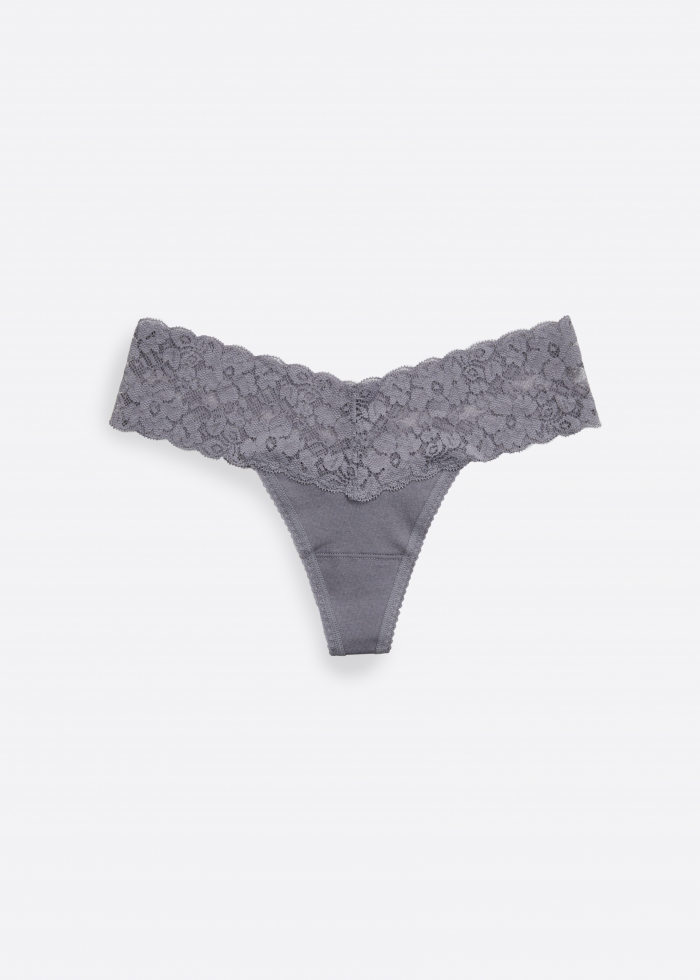 Party Time．Low Rise Cotton V Lace Waist Thong Panty（Gull）