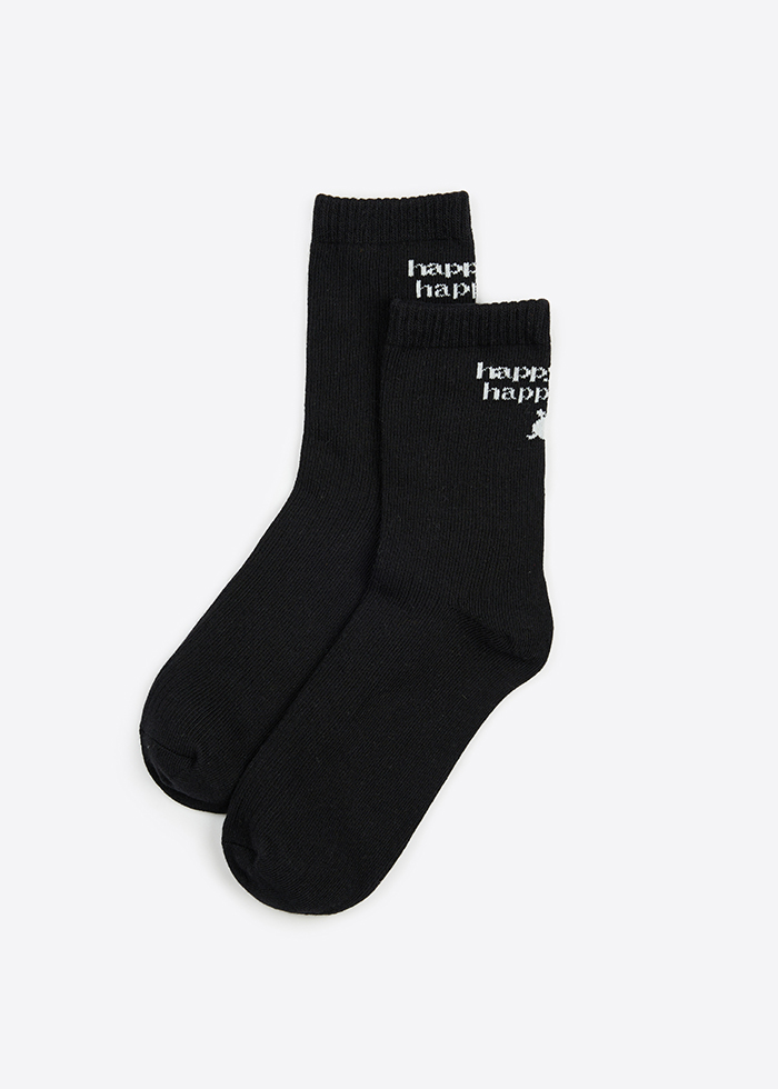 Happy mind．Women Mid Calf Socks(Black-Happy life)