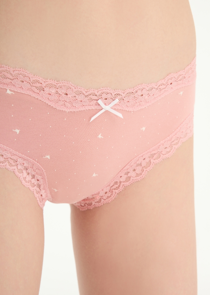 Hygiene Series．Mid Rise Cotton Lace Trim Hipster Panty(Fur Seal Pattern)