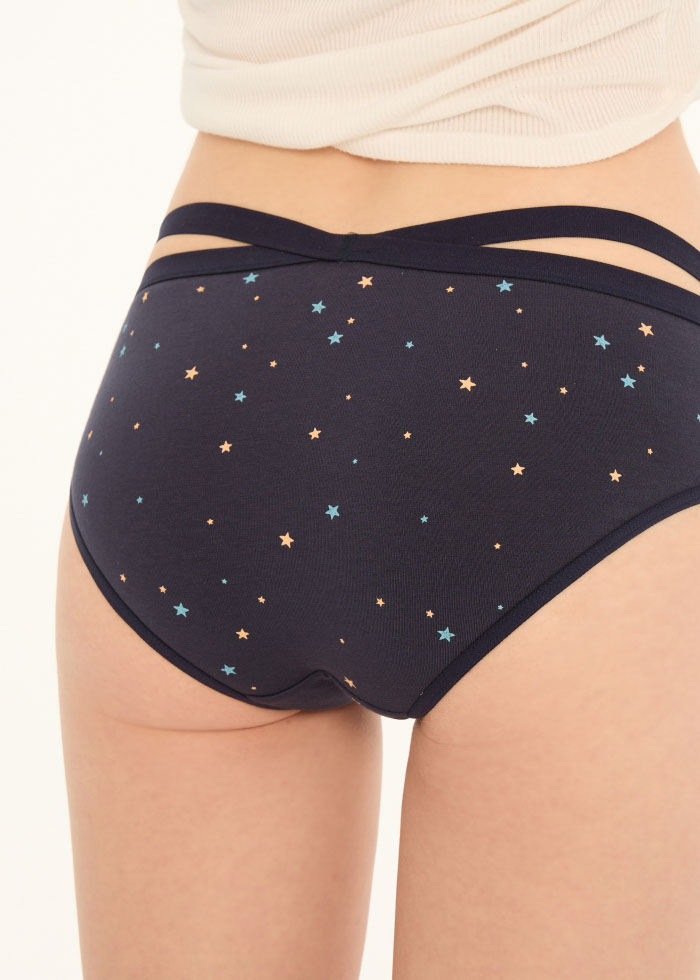 Hygiene Series．Mid Rise Cotton Crossed Back Brief Panty(Starry Sky Pattern)