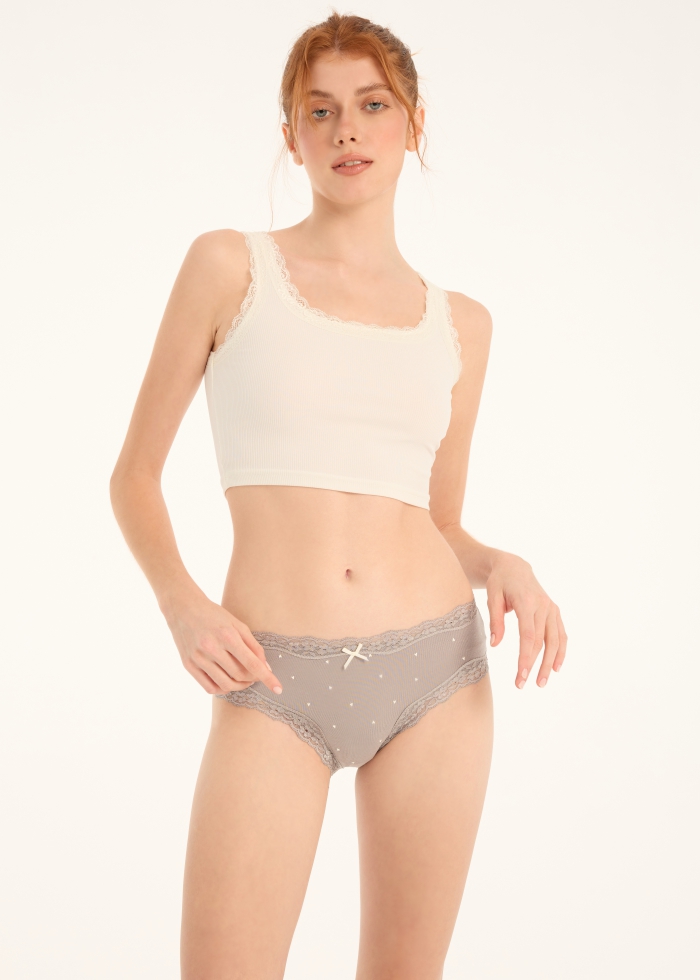 Hygiene Series．Mid Rise Cotton Lace Trim Hipster Panty(Heart Shape Pattern)