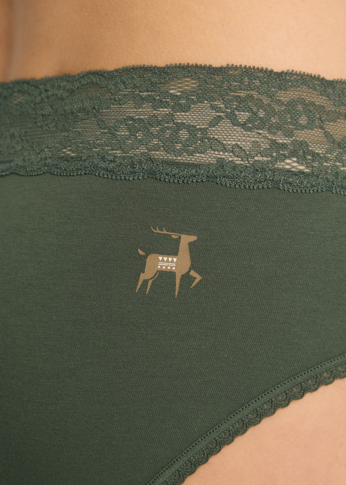 XXL Winter Forest．High Rise Cotton V Lace Waist Brief Panty（Thyme）