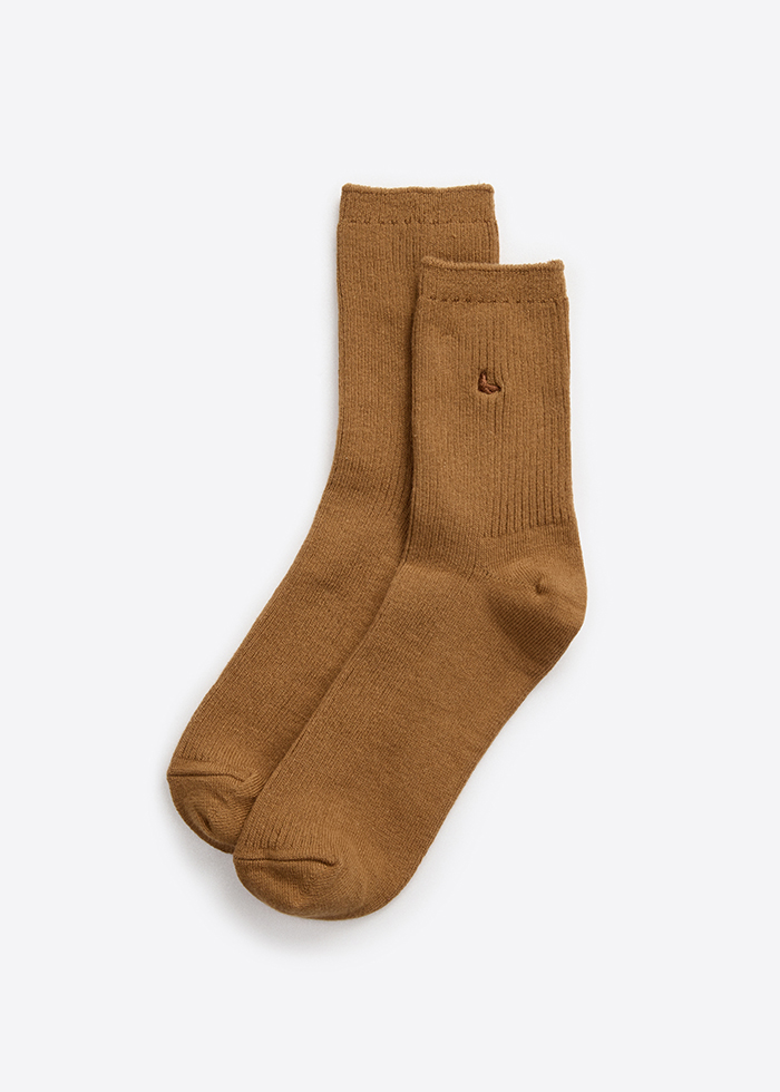 Happy mind．Women Mid Calf Socks（Almond-Embroidery）