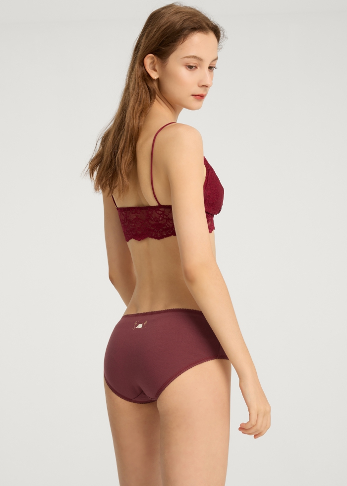 Nordic Forest．Mid Rise Cotton Picot Elastic Brief Panty（Oxblood Red-Shiny Ribbon）