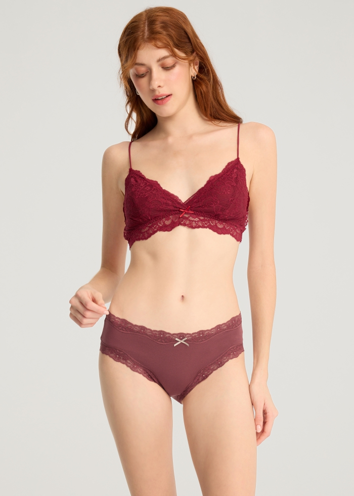 Winter Forest．Mid Rise Cotton Lace Trim Hipster Panty(Oxblood Red-Shiny Ribbon)