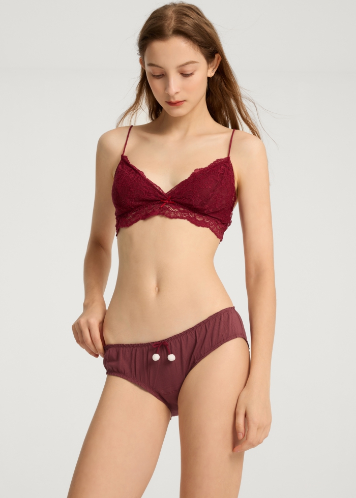 Winter Forest．Mid Rise Cotton Ruffled Brief Panty(Oxblood Red-Fur Ball Ribbon)