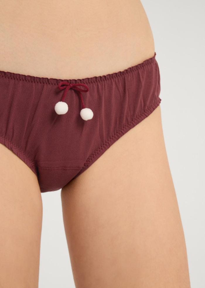 Winter Forest．Mid Rise Cotton Ruffled Brief Panty(Oxblood Red-Fur Ball Ribbon)
