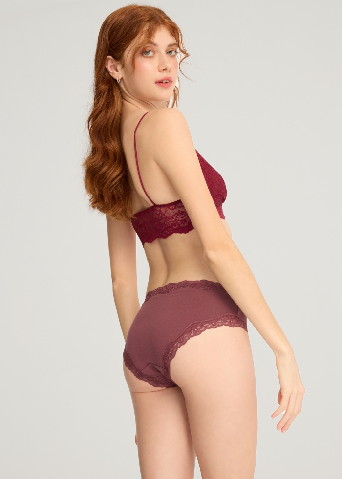 Winter Forest．Mid Rise Cotton Lace Trim Hipster Panty(Oxblood Red-Shiny Ribbon)