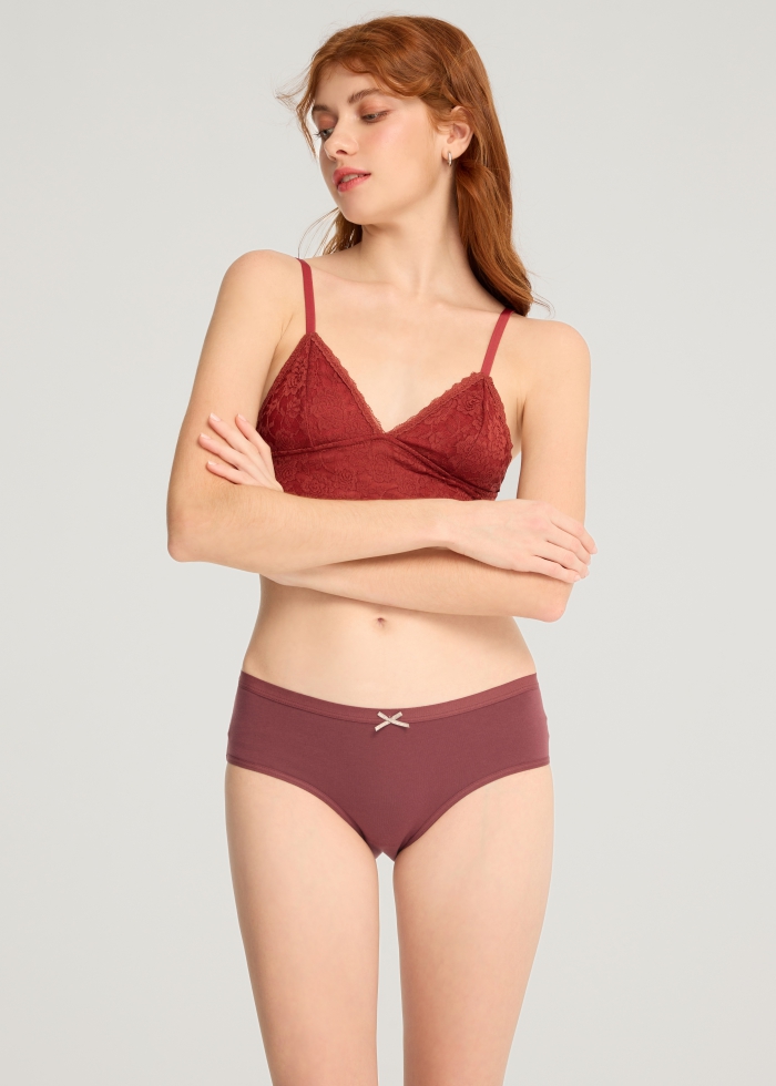 Winter Forest．Mid Rise Cotton Crossed Back Brief Panty(Oxblood Red-Shiny Ribbon)