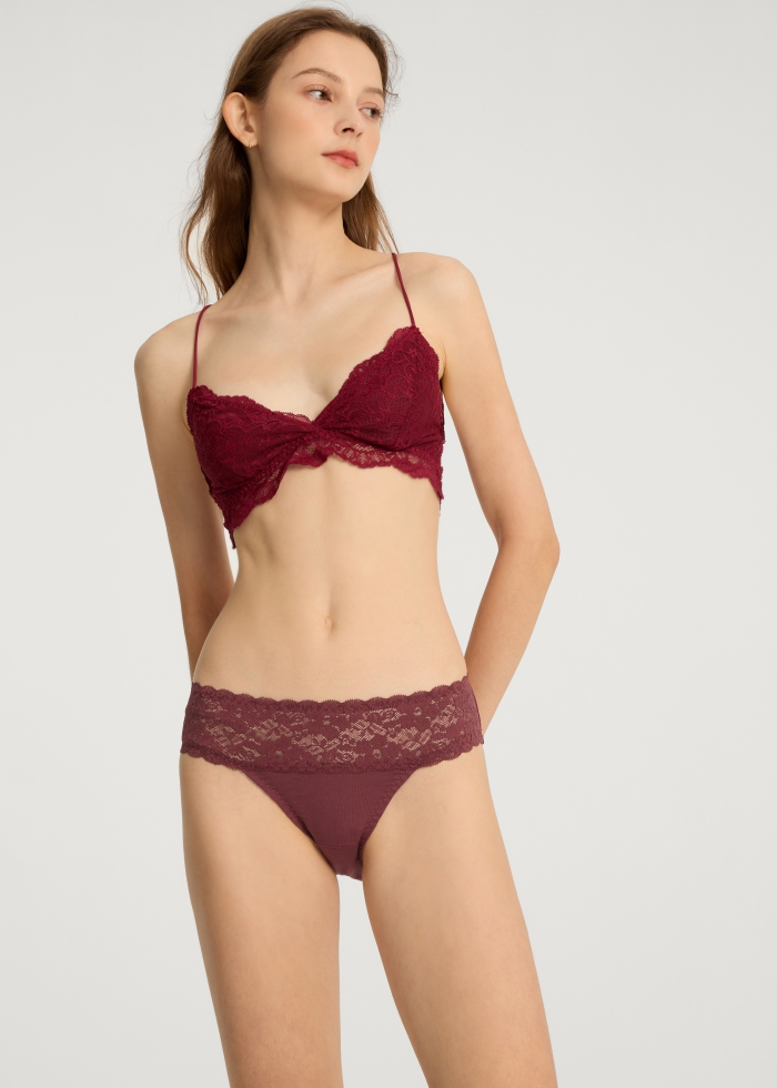 Winter Forest．Mid Rise Cotton Stretch Lace Waist Brief Panty（Oxblood Red）