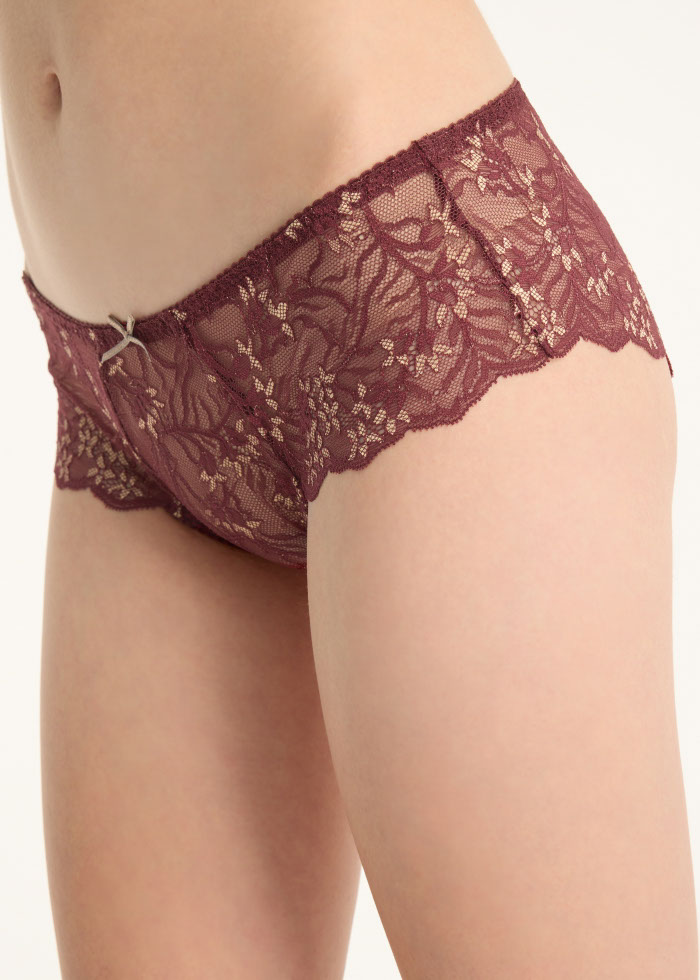 Hygiene Series．Mid Rise Floral Lacie Hipster Panty(Oxblood Red-Two Tone Lace)