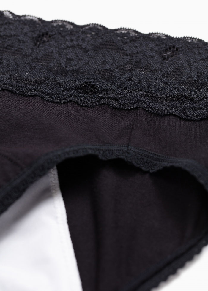 Sleep Tight．Mid Rise Cotton Lace Waist Period Brief Panty(Black)