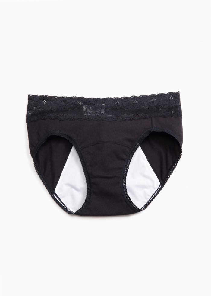 Sleep Tight．Mid Rise Cotton Lace Waist Period Brief Panty(Black)