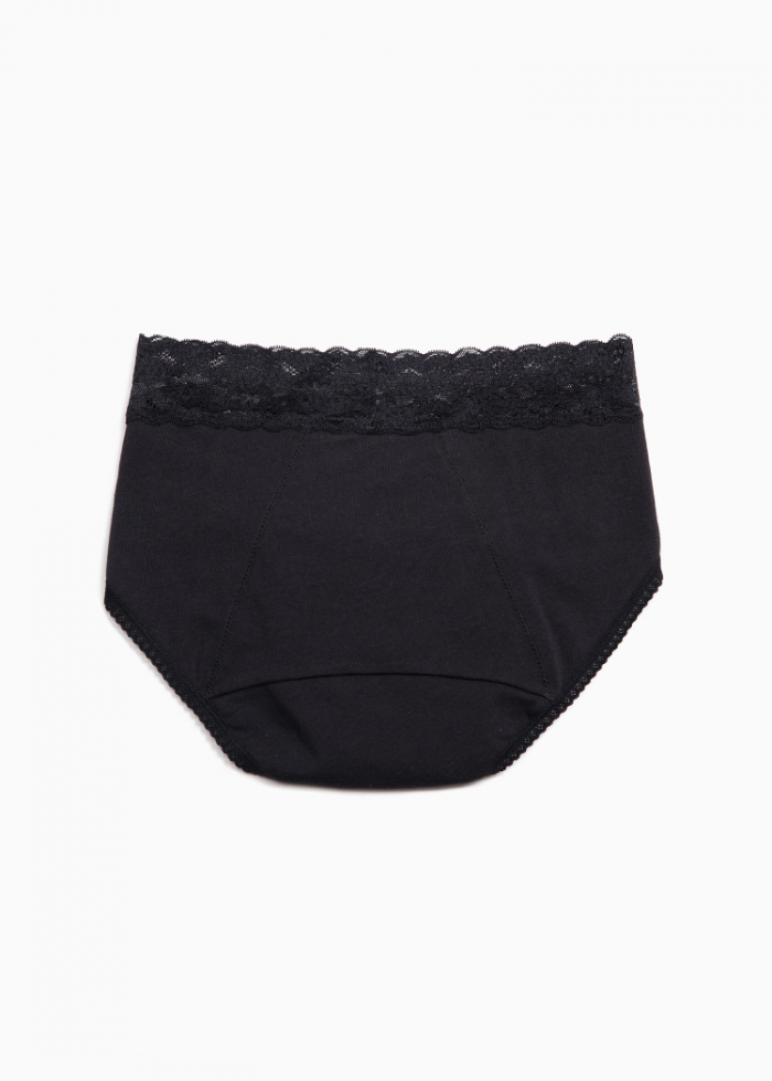 Sleep Tight．High Rise Cotton Lace Waist Period Brief Panty(Black)