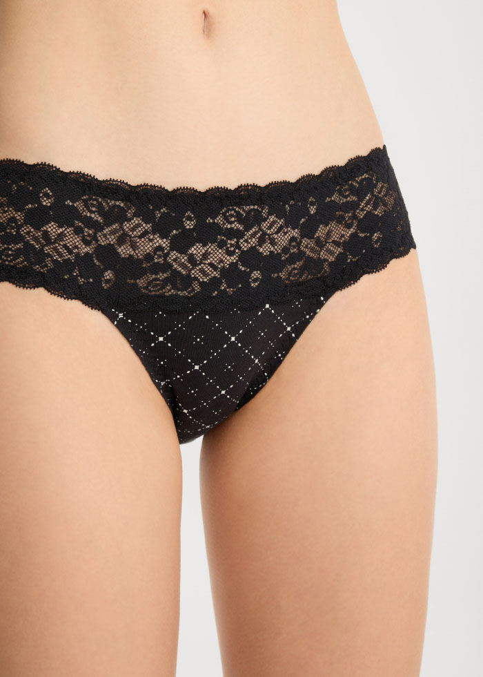 Glamour Night．Mid Rise Cotton Stretch Lace Waist Brief Panty(Tweed Pattern)