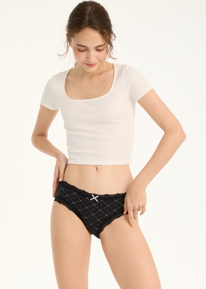 Hygiene Series．Mid Rise Cotton Lace Trim Hipster Panty(Tweed Pattern)