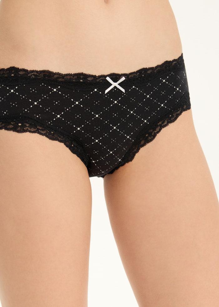 Hygiene Series．Mid Rise Cotton Lace Trim Hipster Panty(Tweed Pattern)