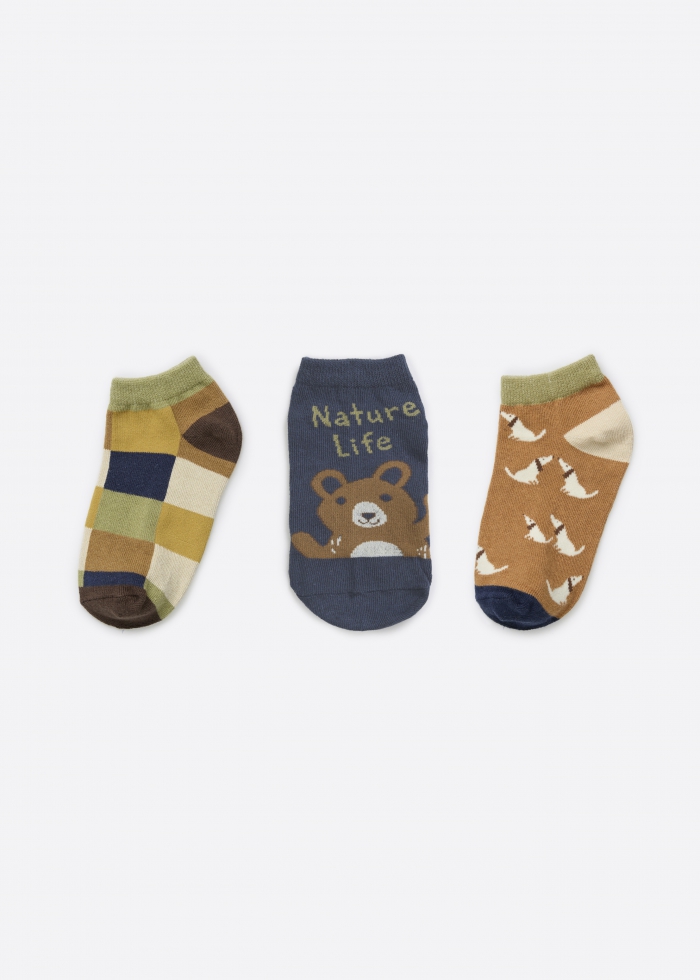 (3-Pack) Village Life．Boys Ankle Socks(Colorful Animals)