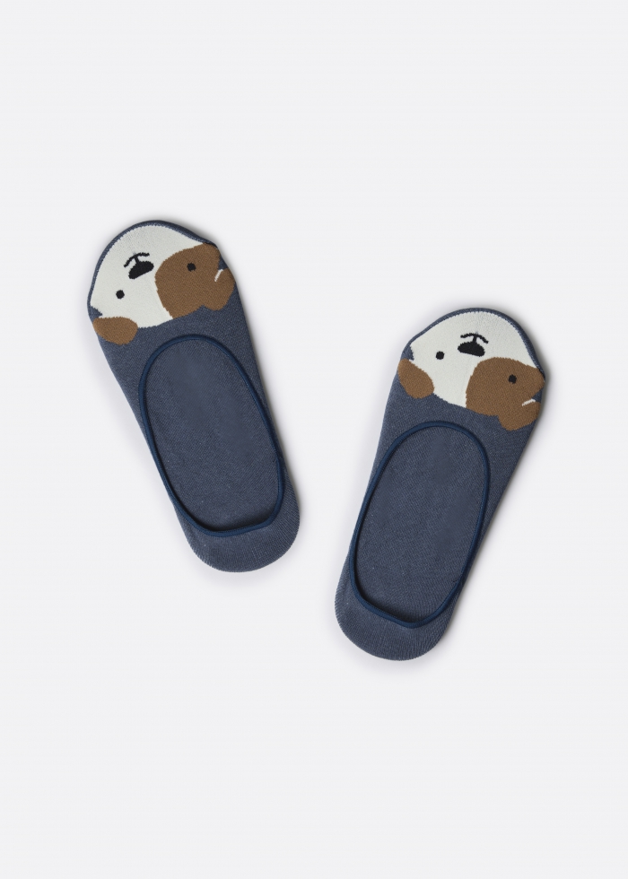 Village Life．Women No-Show Socks(Salvia Blue-Little dog)