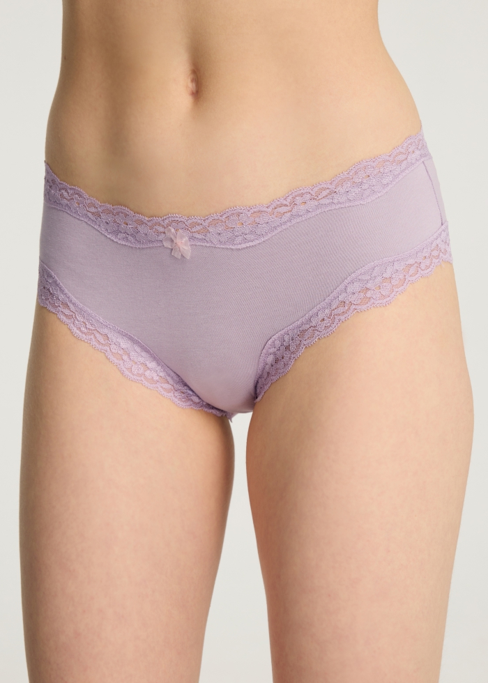 Love yourself．Mid Rise Cotton Lace Trim Hipster Panty(Iris - Mesh Bow)