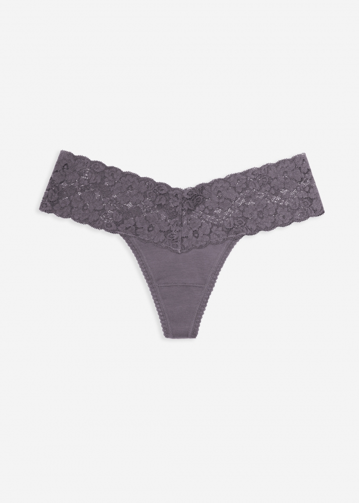 HEPBURN．Low Rise Cotton V Lace Waist Thong Panty(Gray Ridge)