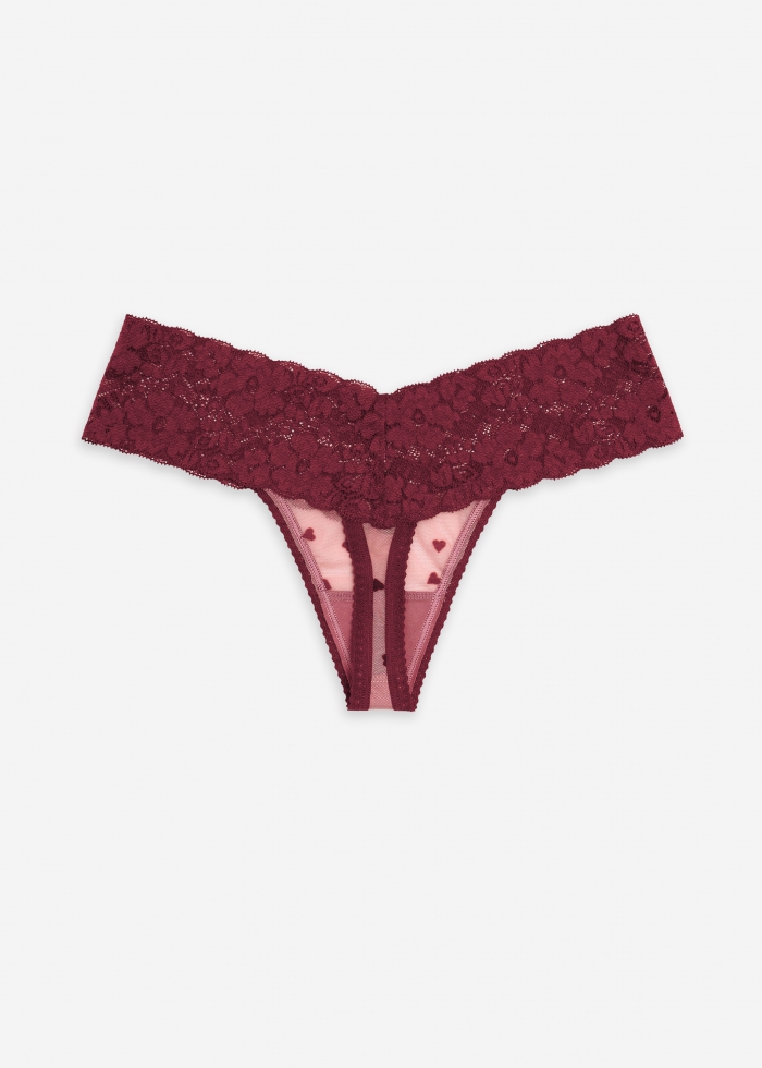 Valentine．Low Rise Mesh V Lace Waist Thong Panty(Flock Heart Pattern)