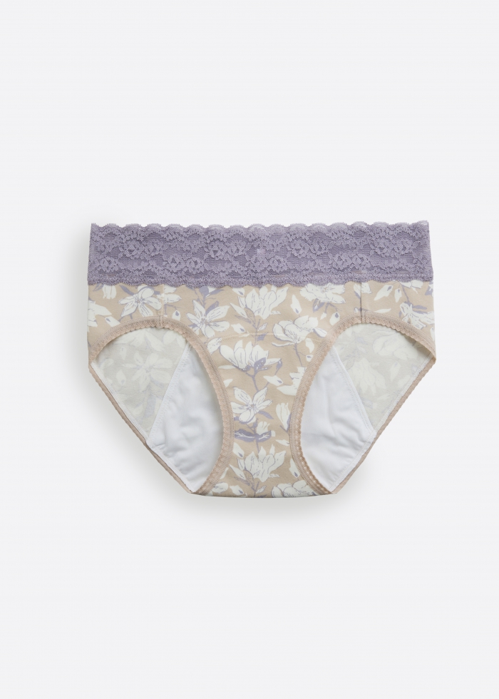 Flower Season．Mid Rise Cotton Lace Waist Period Brief Panty（Kapok Pattern）