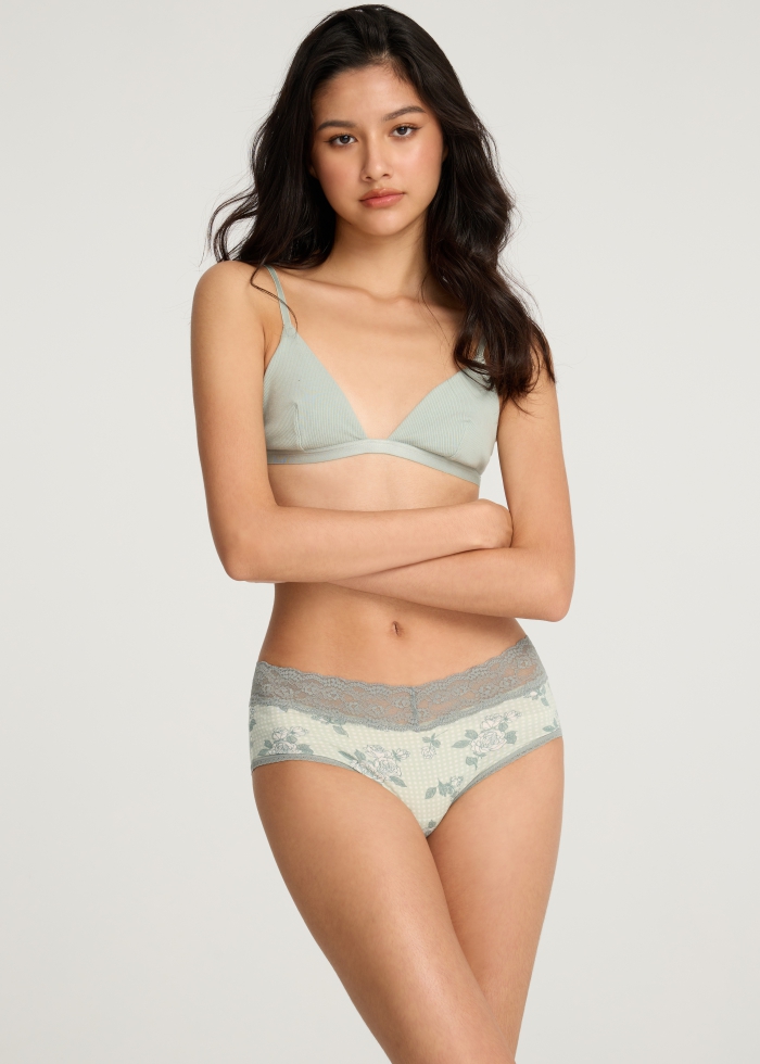 Spring Fever．High Rise Cotton V Lace Waist Brief Panty（Rose Plaid）