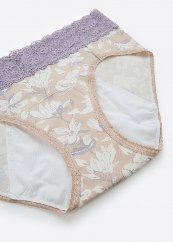 Flower Season．Mid Rise Cotton Lace Waist Period Brief Panty(Tulip Embroidery)