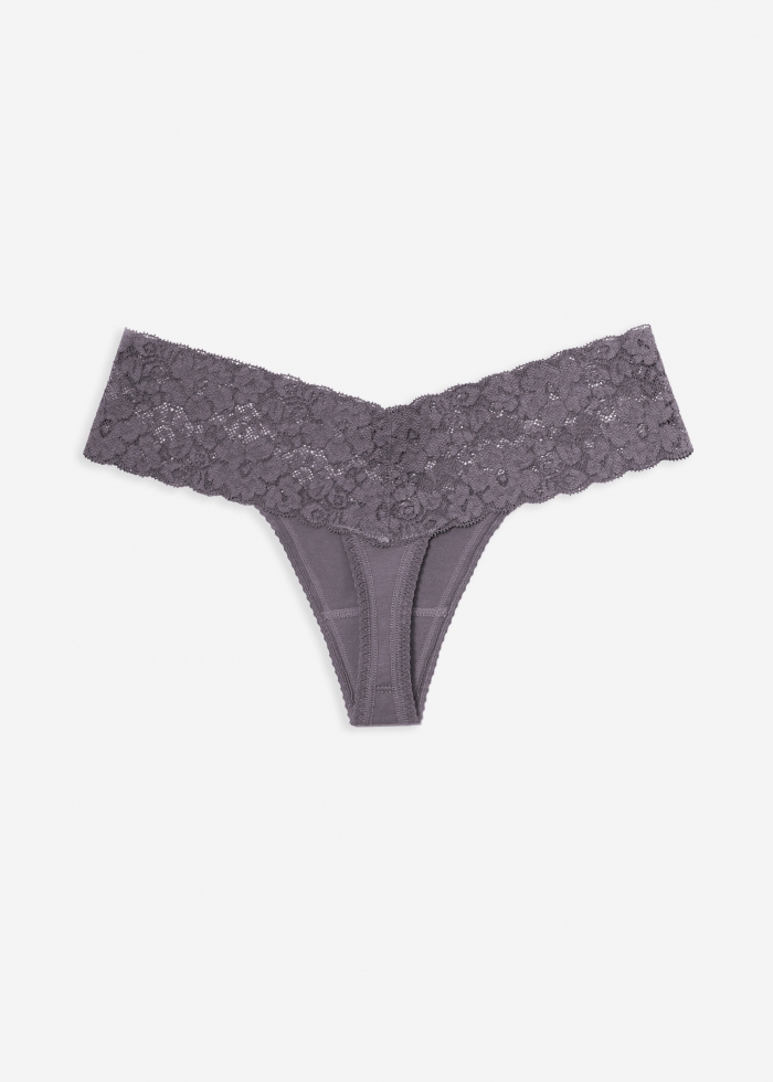 HEPBURN．Low Rise Cotton V Lace Waist Thong Panty(Gray Ridge)