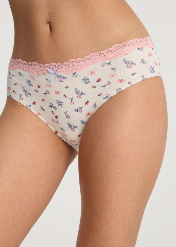 Spring Fever．Mid Rise Cotton Lace Detail Hipster Panty(Rose Plaid)