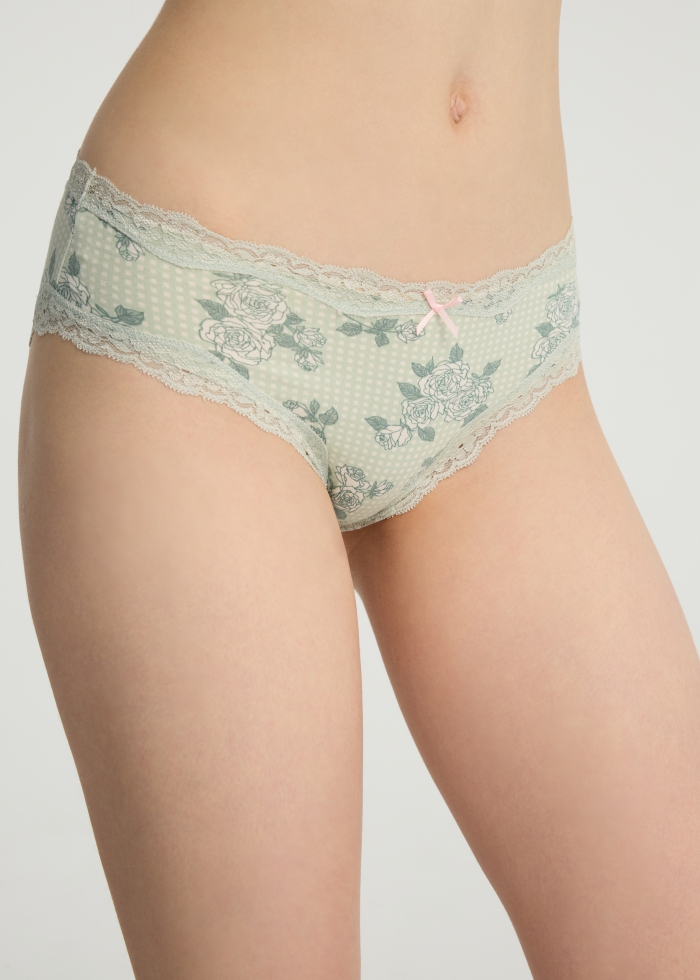 Spring Fever．Mid Rise Cotton Lace Trim Hipster Panty(Rose Plaid)