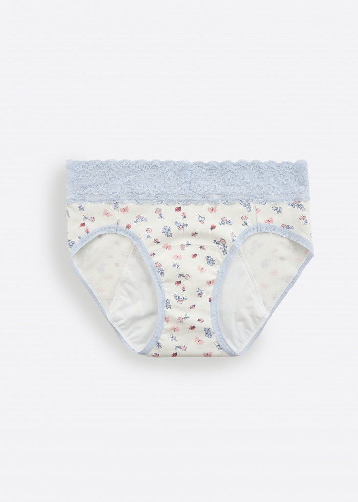 Flower Season．Mid Rise Cotton Lace Waist Period Brief Panty（Drizzle Pattern）