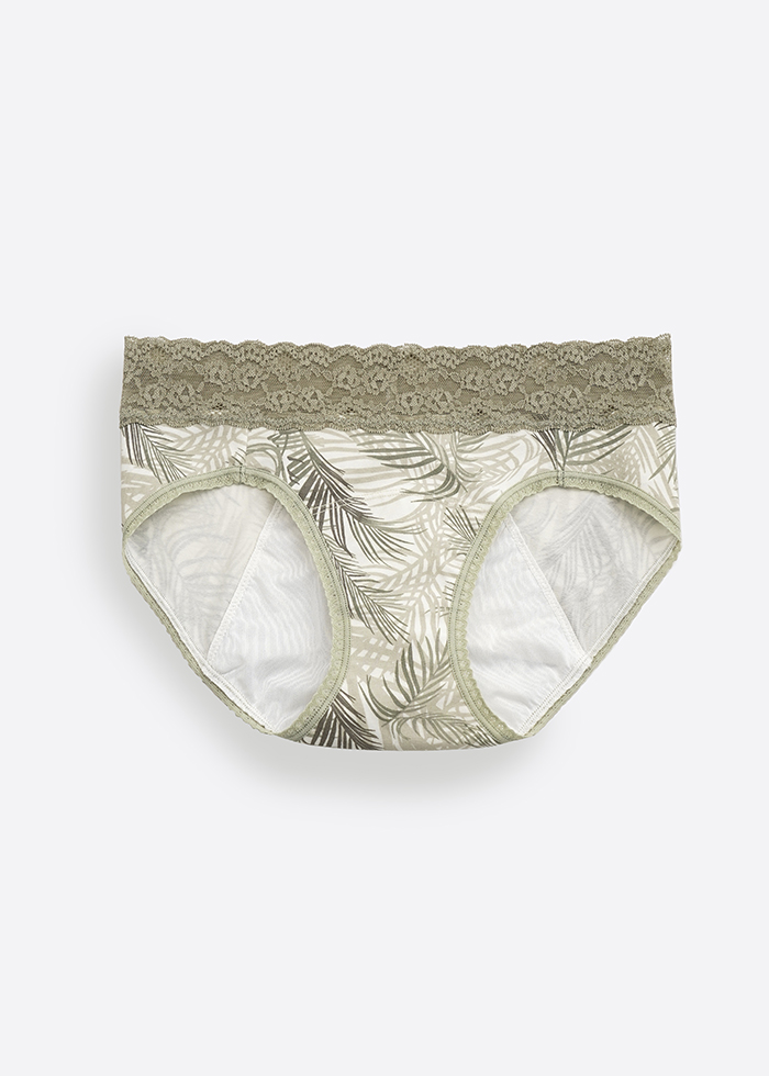 Holiday Moment．Mid Rise Cotton Lace Waist Period Brief Panty(Palmy Shade Pattern)