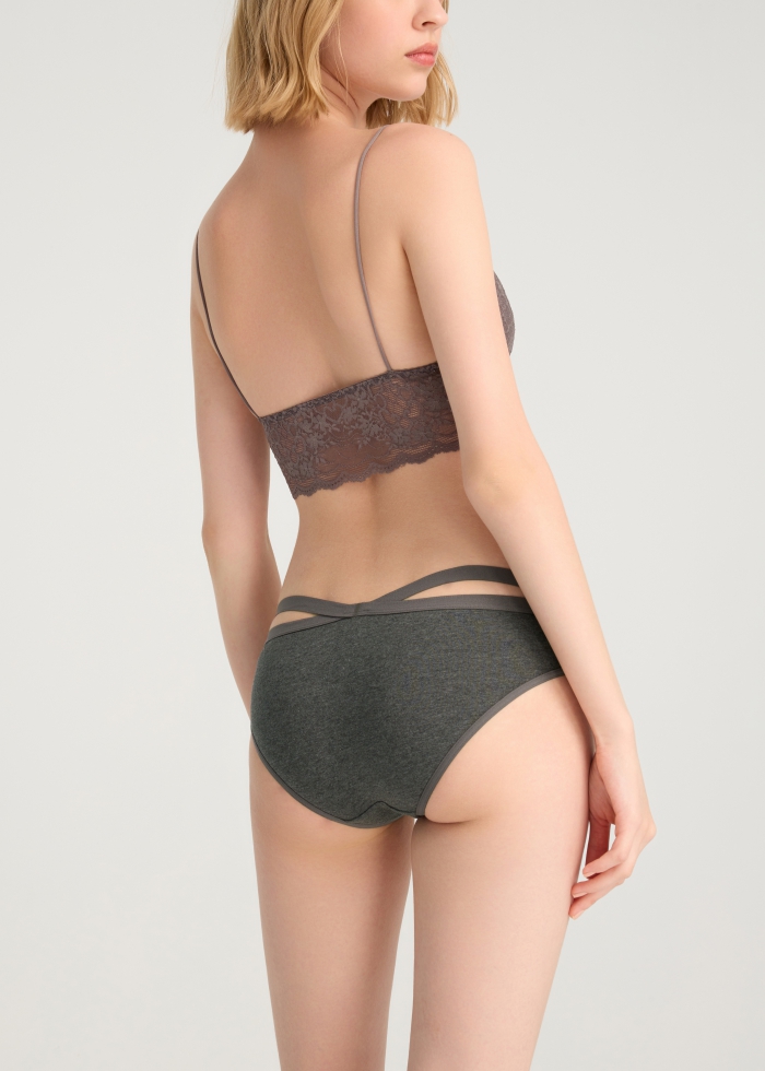 Life With Pets．Low Rise Cotton Crossed Back Brief Panty（Dark Heather Gray-Dotted Ribbon）