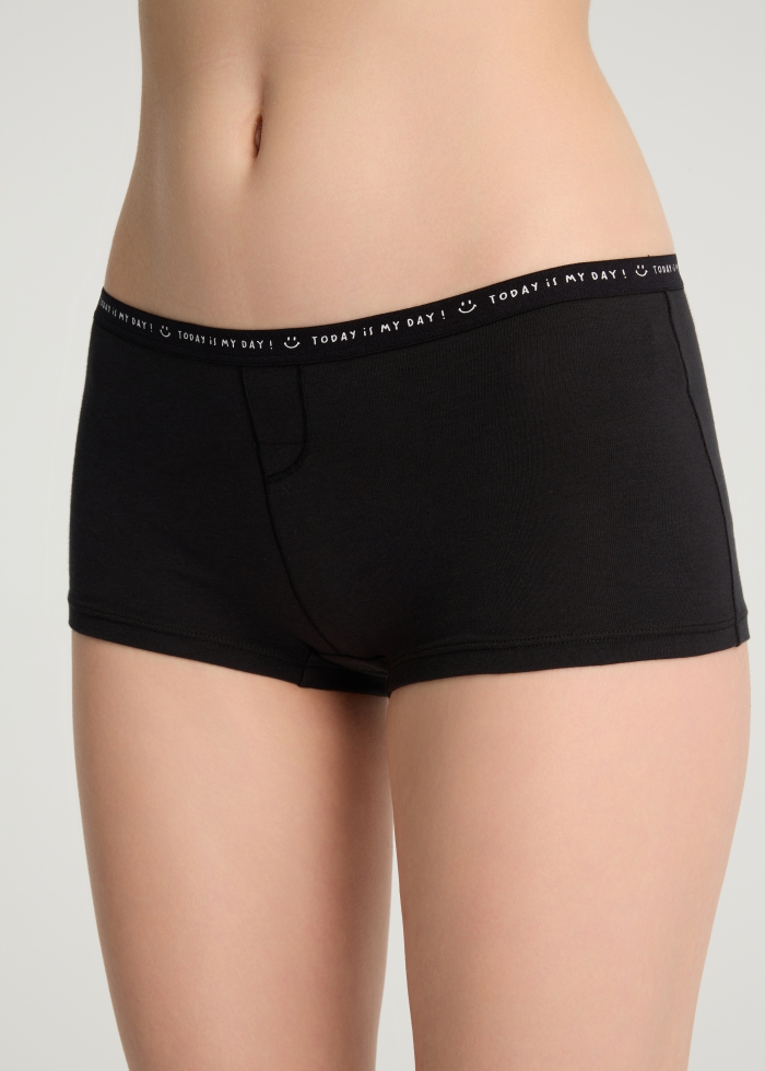 Exclusive time．Mid Rise Cotton Shortie Panty（Black - Smile Print Waistband）