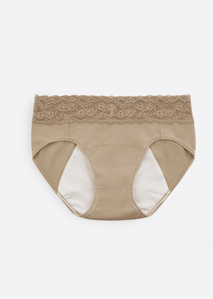 Denim Collection．Mid Rise Cotton Lace Waist Period Brief Panty（Natural）