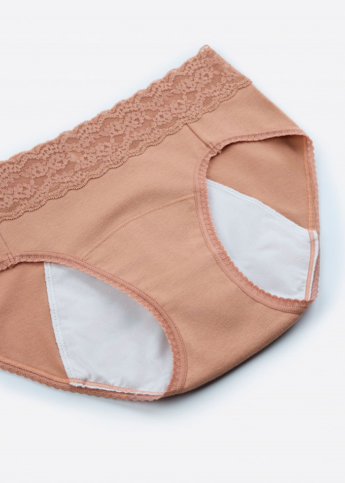 Freedom．Mid Rise Cotton Lace Waist Period Brief Panty（Cork）