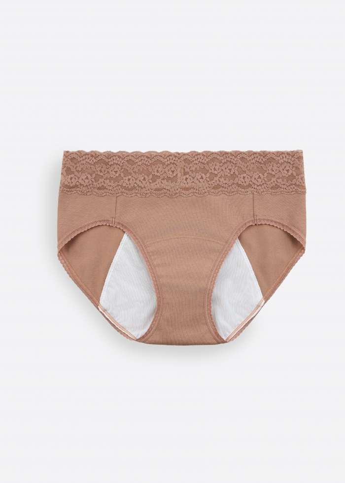 Freedom．Mid Rise Cotton Lace Waist Period Brief Panty（Cork）