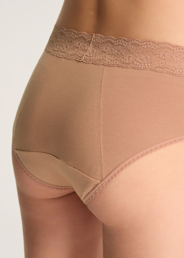 Freedom．High Rise Cotton Lace Waist Period Brief Panty（Cork）