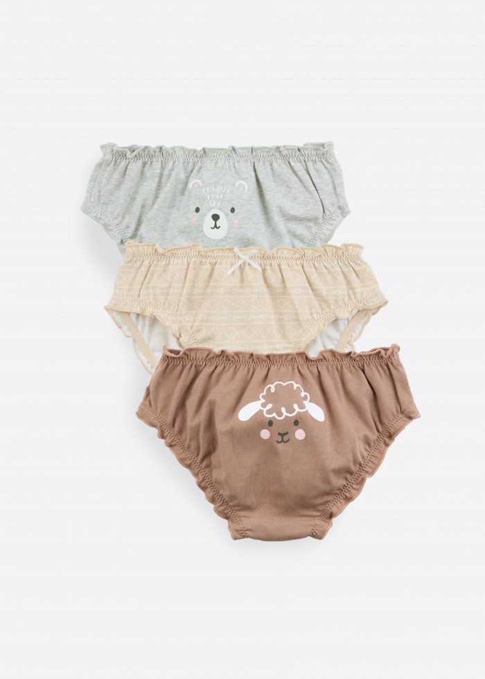 (3-Pack) Hygiene Series．Girls Ruffled Brief Panty（Animal Faces）