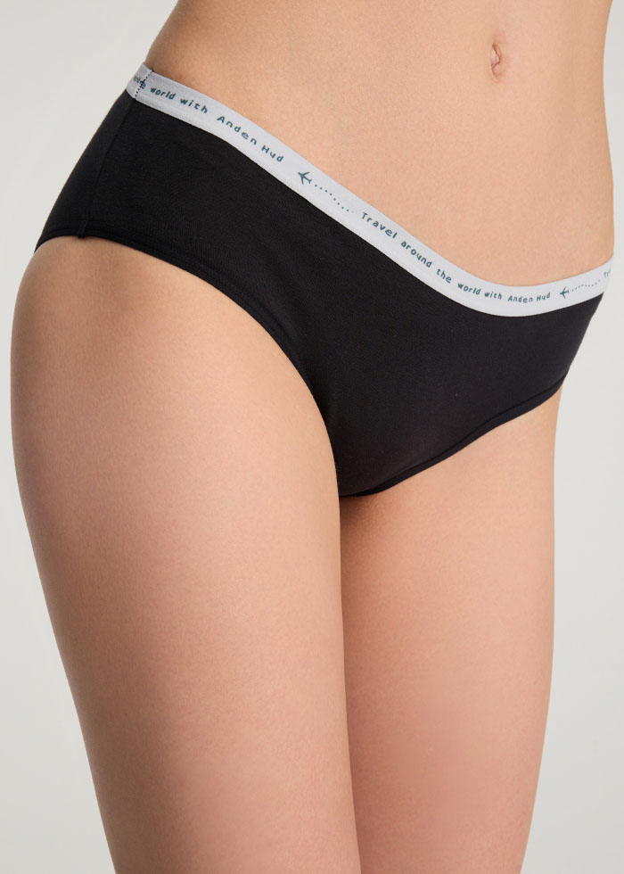 Travel memories．Mid Rise Cotton Brief Panty（Black - Travel Print Waistband）