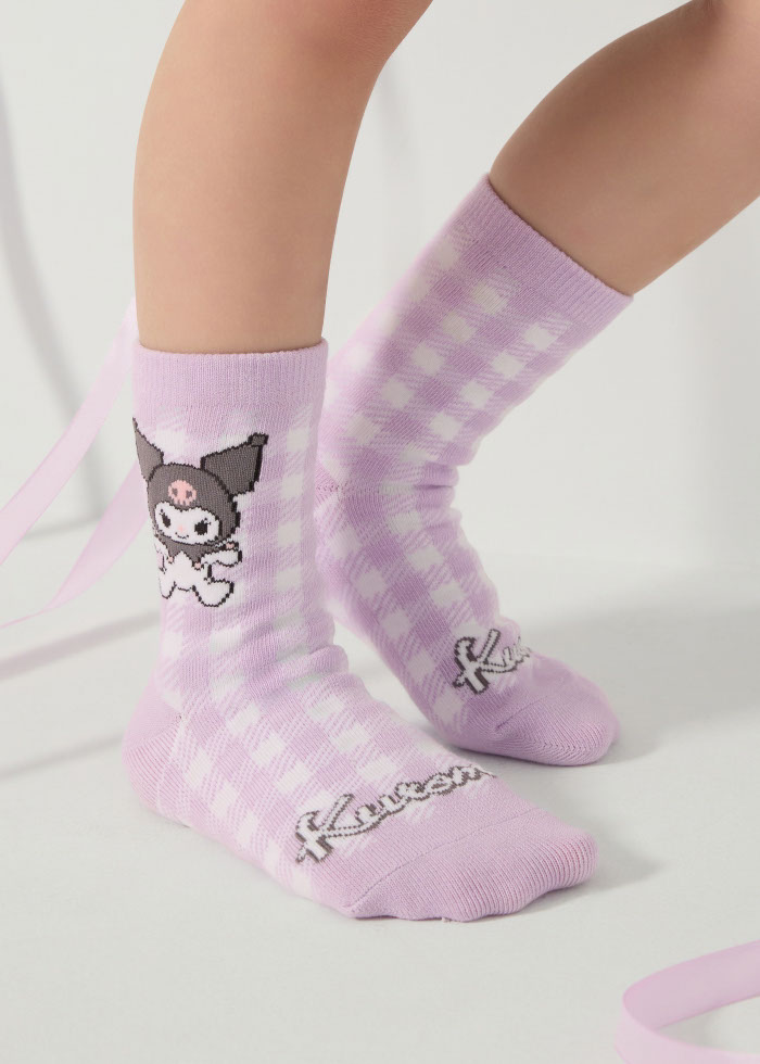 Kuromi Series．Girls Mid Calf Socks（Purple & White Plaid）