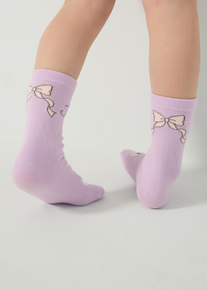 Kuromi Series．Girls Mid Calf Socks（Pink Purple-Kuromi with Bow）